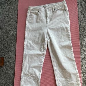 All white, high rise, straight leg jeans:)